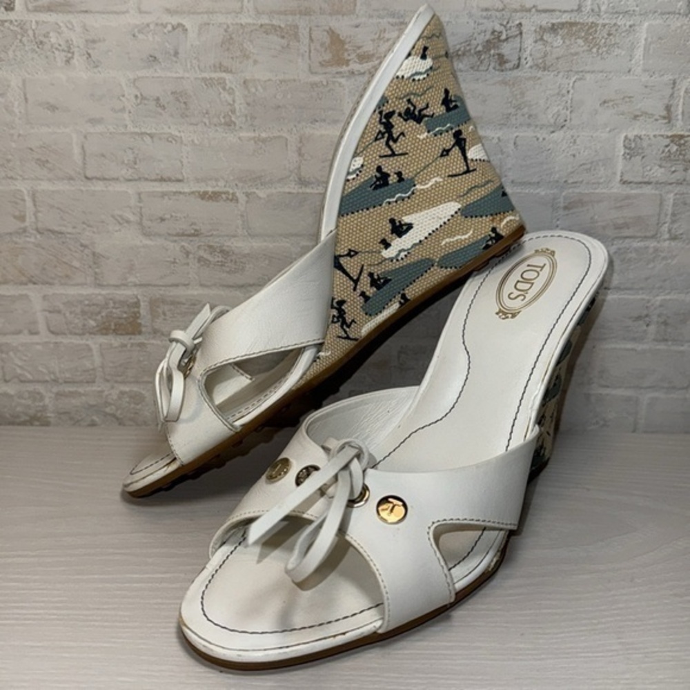 Tod's White Ribbon Wedge Wakeboard Pattern Espadrille Sandal Heel Shoes